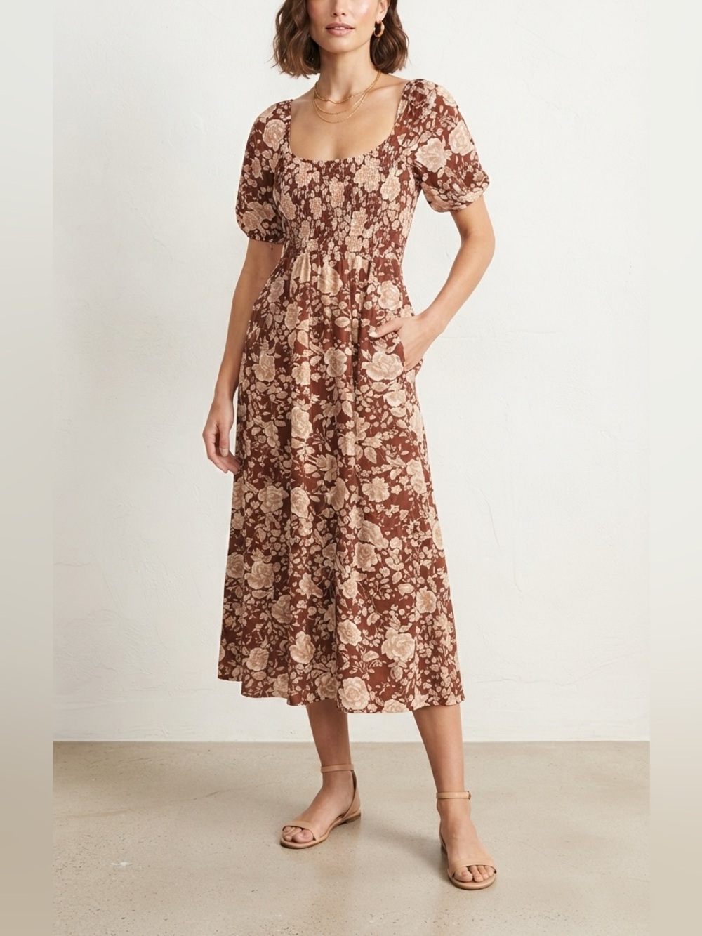 Abercrombie & Fitch Brown and Cream Floral Midi Dress